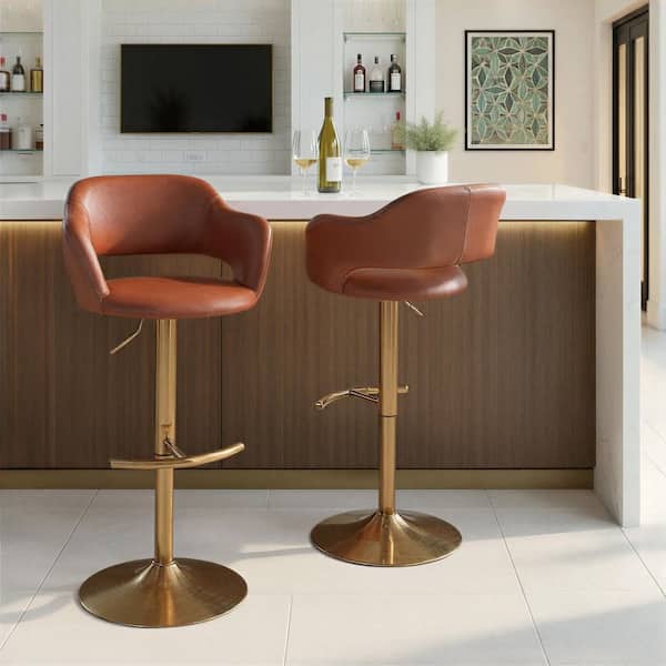 Margarite 32.75 in. Brown Faux Leather and Gold Metal Adjustable Bar Stool with Rounded T Footrest (Set of 2)