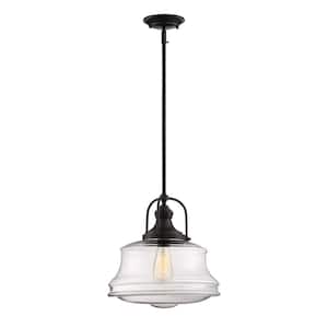 Garvey 14 in. W x 16.5 in. H 1-Light English Bronze Pendant Light with Curved Clear Glass Shade