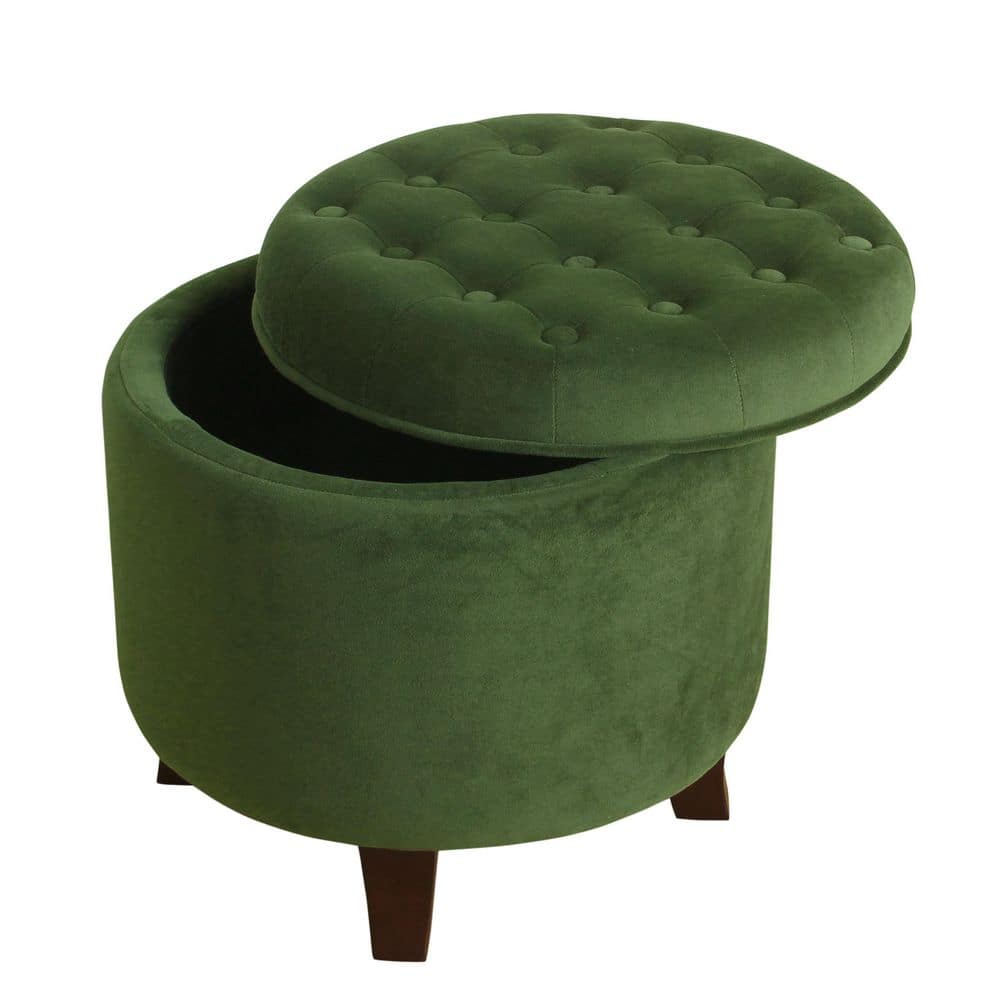 Forest Green Velvet Tufted Round Storage Ottoman