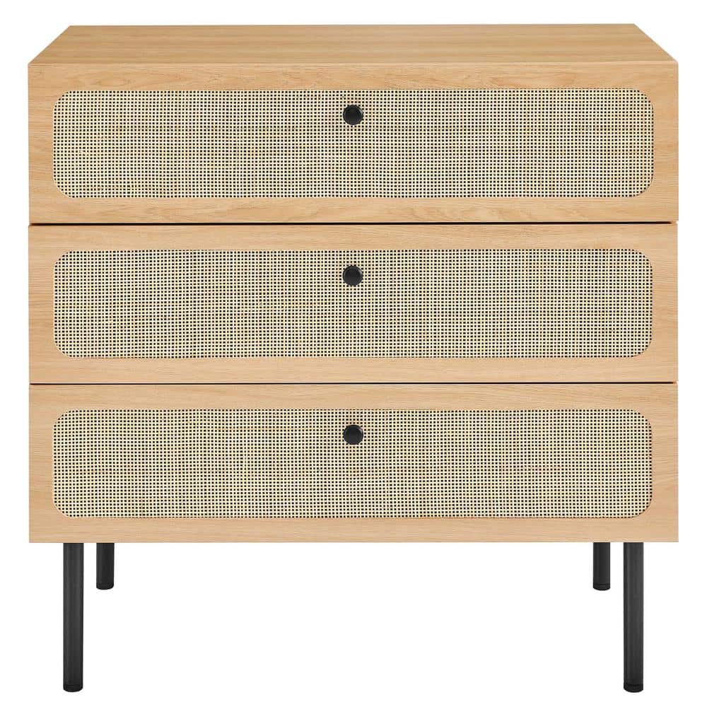 Oak and Black 3-Drawer Chest with Rattan Fronts