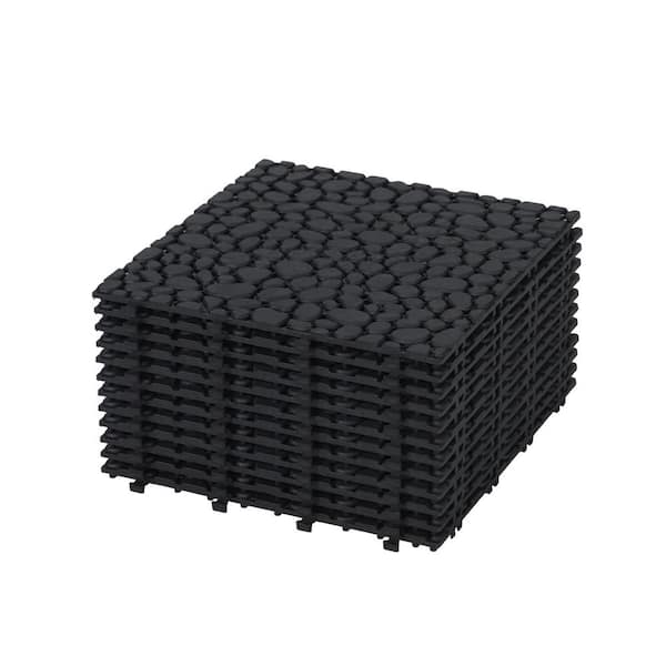 FIROMO 12 in. x 12 in. Plastic Black Pebble Stone Pattern Interlocking Floor Outdoor Patio Deck All-Weather Tiles (12-Pack)