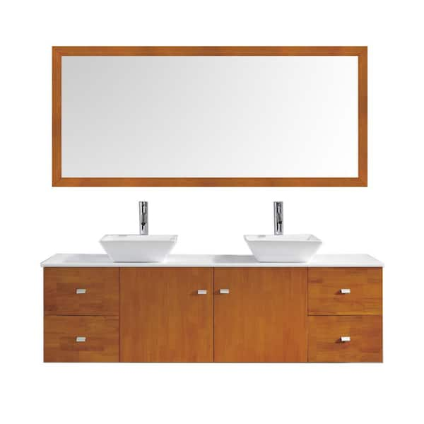 Virtu USA Clarissa 72 in. W Bath Vanity in Honey Oak with Stone Vanity Top in White with Square Basin and Mirror