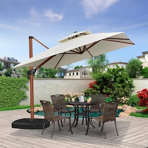 9 ft. Square High-Quality Wood Pattern Aluminum Cantilever Polyester Patio Umbrella with Wheels Base, Cream