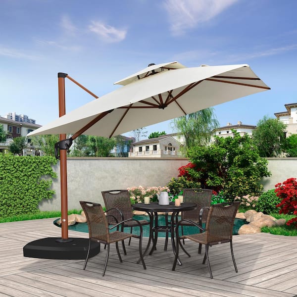 PURPLE LEAF 9 ft. Square High-Quality Wood Pattern Aluminum Cantilever Polyester Patio Umbrella with Wheels Base, Cream