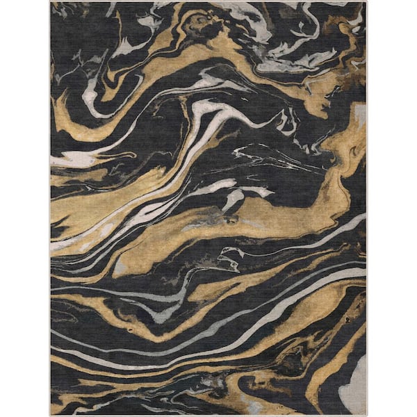 Well Woven Black Gold 5 ft. 3 in. x 7 ft. 3 in. Abstract Dunes Retro Marble Flat-Weave Area Rug