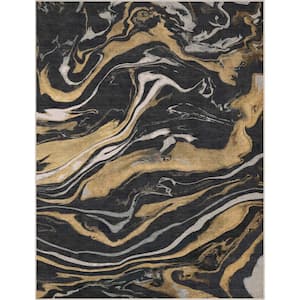 Black Gold 7 ft. 7 in. x 9 ft. 10 in. Abstract Dunes Retro Marble Flat-Weave Area Rug