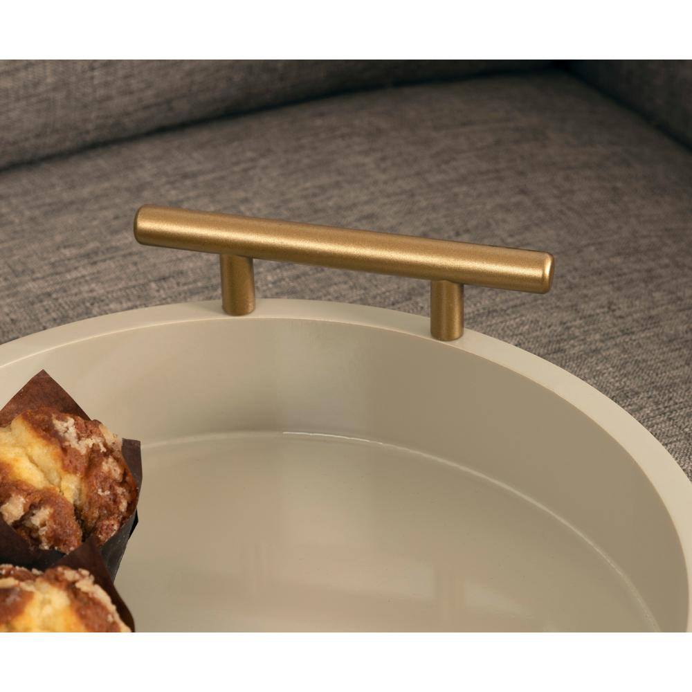 Luxe Lipton 12" Round Light Brown Wood Tray with Gold Handles
