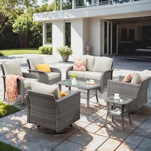 Camellia 7-Piece Wicker Patio Conversation Seating Sofa Set with Beige Cushions and Swivel Rocking Chairs