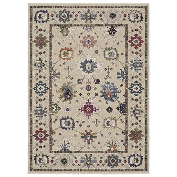 8 ft. x 11 ft. Ivory Blue And Light Brown Floral Area Rug With Fringe