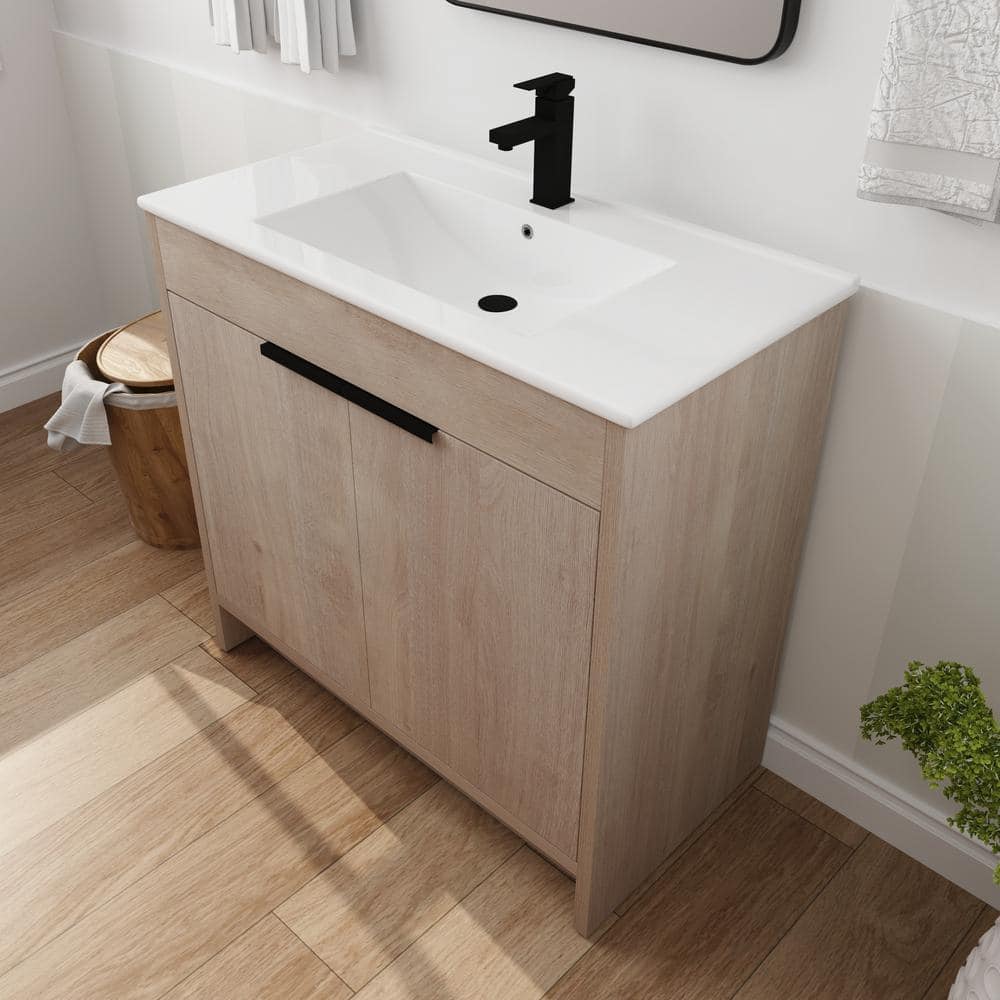 36 in. W x 18 in. D x 34 in. H Freestanding White Oak Bath Vanity with Whit