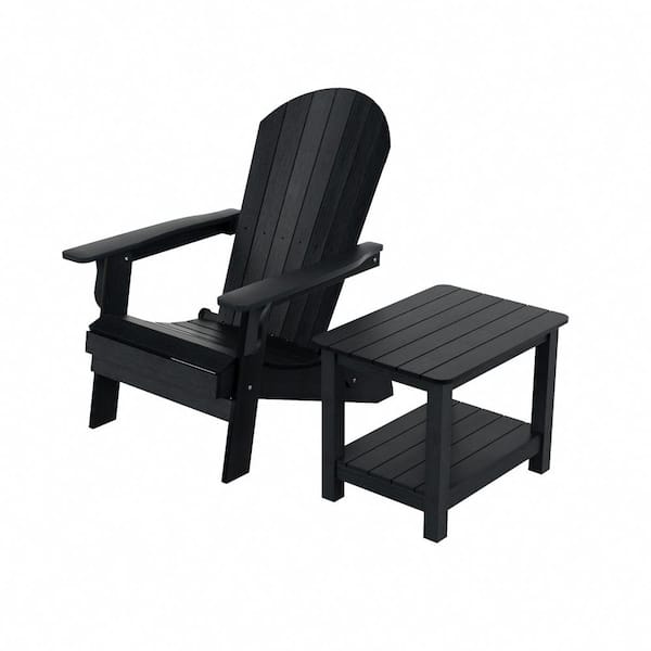 WESTIN OUTDOOR Vineyard 2-Piece Black Plastic Folding Adirondack Chair Outdoor Patio HIPS with 2-Tier Side Table