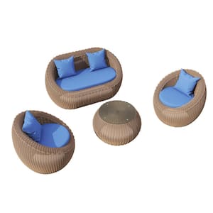 Natural Wood 4-Piece Hand-Woven Wicker Aluminum Outdoor Sectional Sofa Set with Blue Seat and Back Cushions