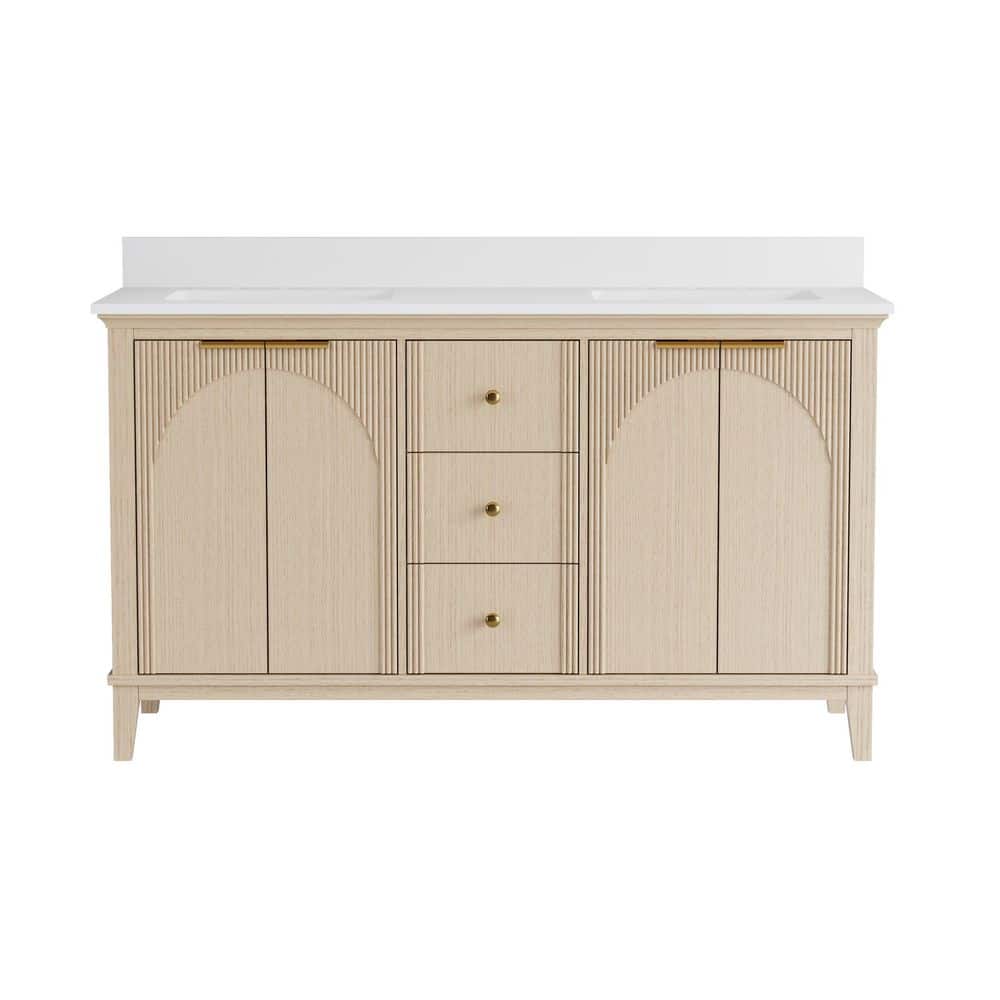 SLIVA 60 in. Freestanding OAK Solid Wood Bath Vanity with Pure White Quartz Top, Soft-Close, Backsplash, Assembled price history on PriceWatchPro