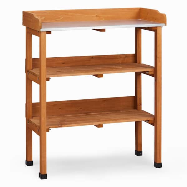 29 in. W x 35.6 in. H Outdoor Fir Wood Potting Bench with Storage Shelves and Hook Work Station