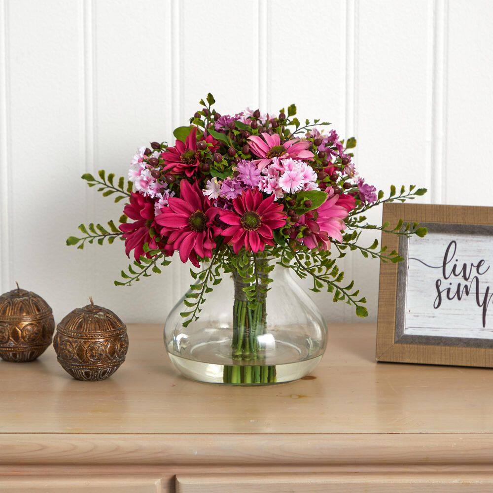 Large Pink and Purple Mixed Daisy Floral Arrangement in Clear Vase
