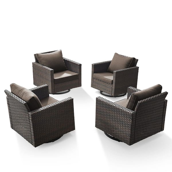 Carlos 4-Piece All-Weather Brown Wicker Outdoor Swivel Chairs with 4 in. Gray Cushions