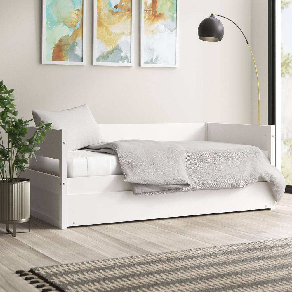 White Twin Solid Wood Daybed with Trundle and Slats