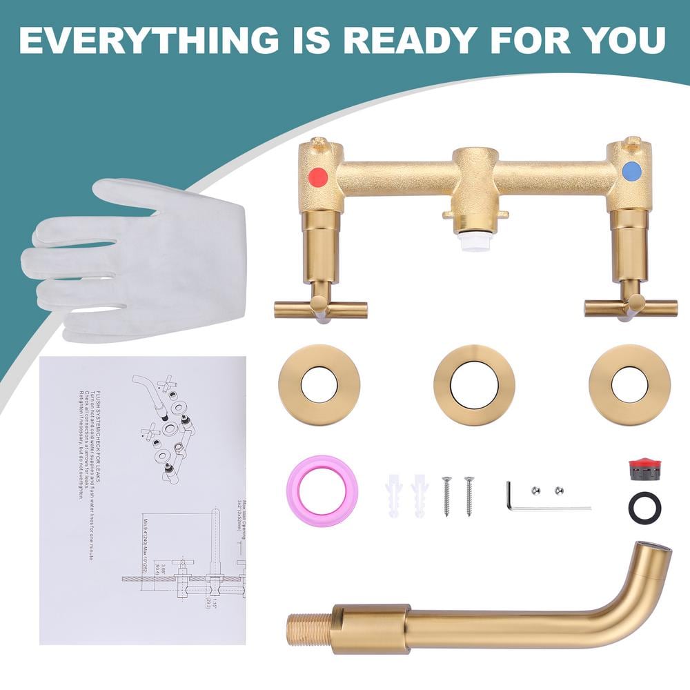 Brushed Gold Double Handle Wall Mounted Bathroom Faucet