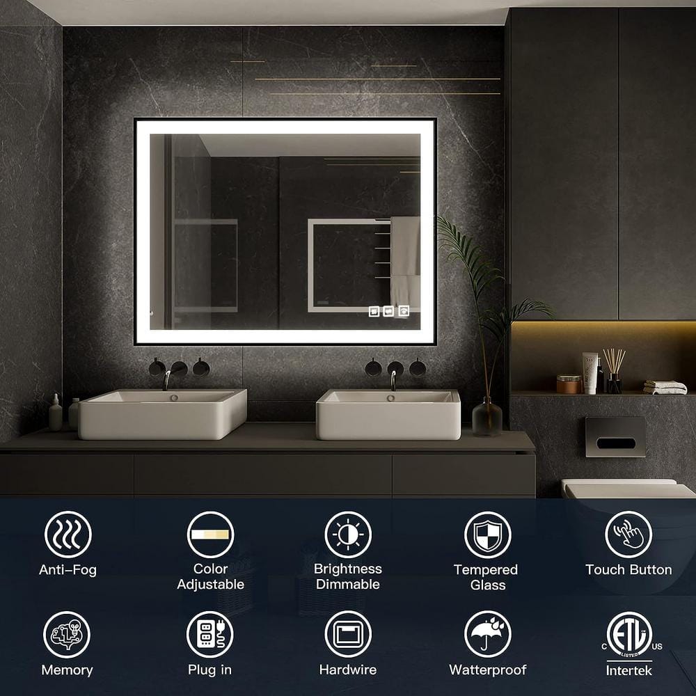24x32 Inch Black Aluminum LED Vanity Mirror with Anti-Fog
