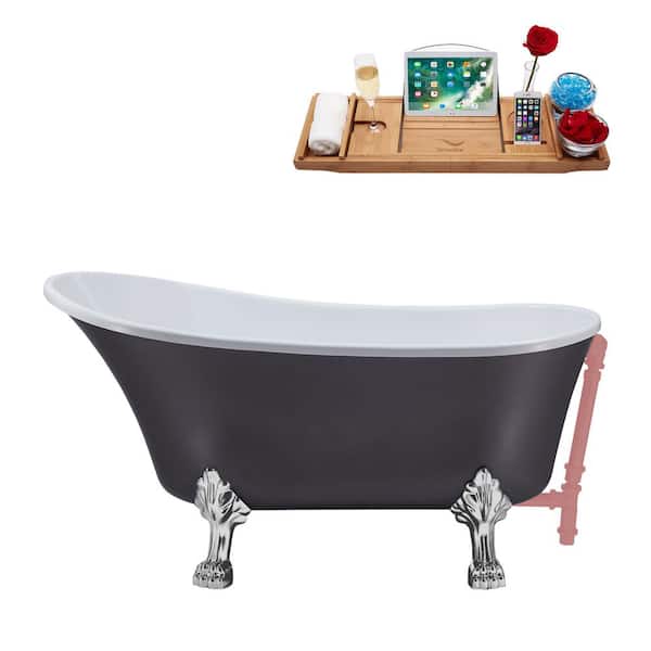 Streamline 55 in. x 26.8 in. Acrylic Clawfoot Soaking Bathtub in Matte Grey with Polished Chrome Clawfeet and Matte Pink Drain