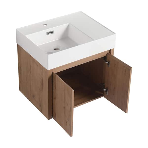 24 in. Wall-Mounted Single Oak Bath Vanity with White Resin Top Unassembled