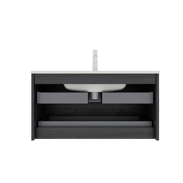 Baye 35.83 in. W Floating Dark Oak Single Sink Bath Vanity with White Ceramic Top Unassembled