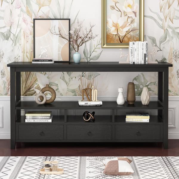 Karl home 57.8 in. Black Rectangle MDF Console Table with 3-Drawers and 3 Compartments