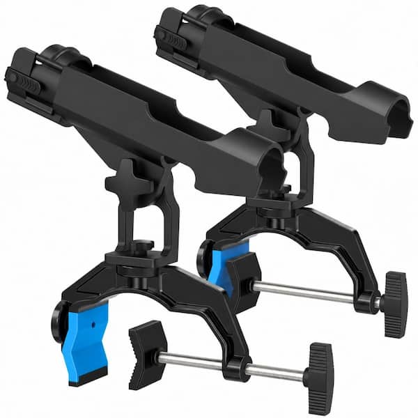 Clamp-On Boat Fishing Rod Holder with Dual V Grip 360-Degree Rotation and Protective Strap Pack Holders