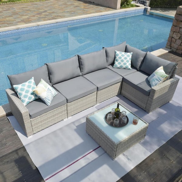 6-Piece Grey Wicker Outdoor Sectional Sofas Patio Conversation Set with Gray Cushions and Coffee Table for Garden