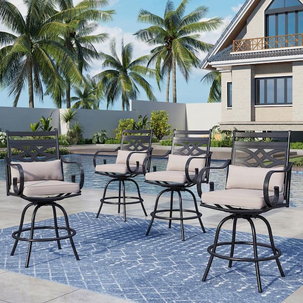 PHI VILLA Swivel Metal Outdoor Bar Stool with Beige Cushion (4-Pack)