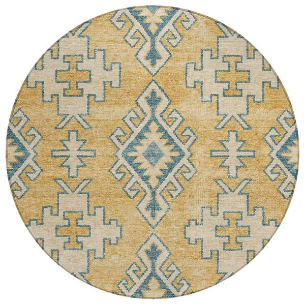 Chantille Machine Washable Indoor/Outdoor Abstract ACN3029 Gold 8 ft. x 8 ft. Round Rug