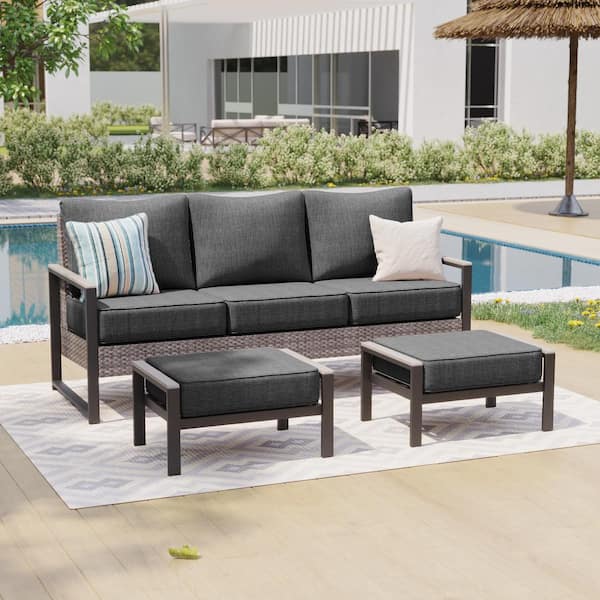 3 Pieces Patio Conversation Set Patio Sofa Set All-Weather Gray Wicker with Black Cushion
