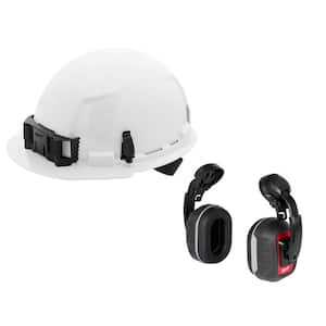 BOLT White Type 1 Class E Front Brim Non Vented Hard Hat w/4-Pt Ratcheting Suspension W/BOLT HP Cap Mounted Ear Muffs