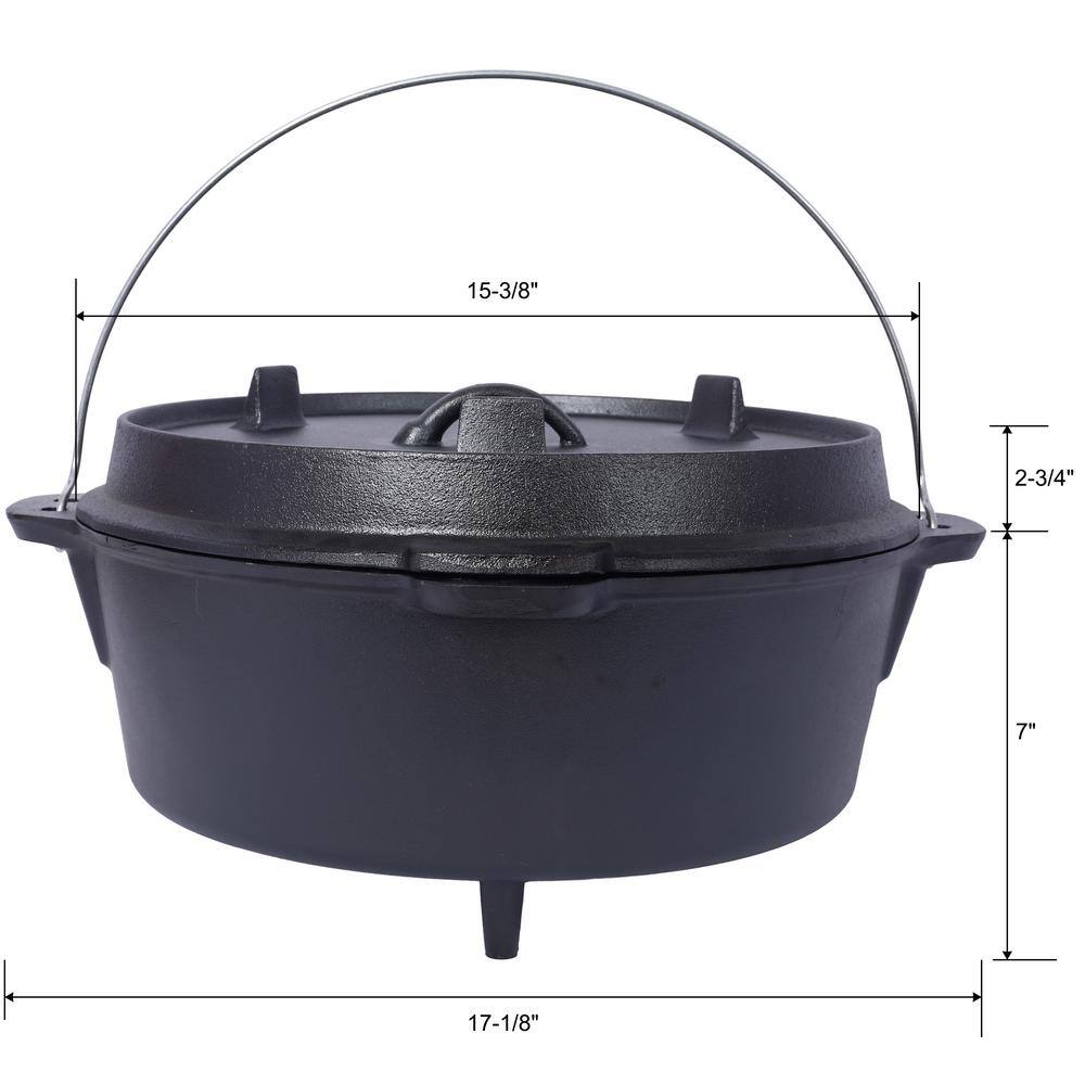 12 Quart Black Cast Iron Round Dutch Oven with Lid for Indoor & Outdoor Cooking