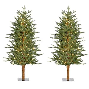 4 ft. Green Alpine Artificial Porch Christmas Tree with Warm White LED Lights (Set of 2)