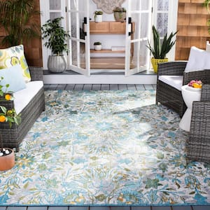 Barbados Ivory/Light Blue 10 ft. x 12 ft. Floral Medallion Indoor/Outdoor Patio Area Rug