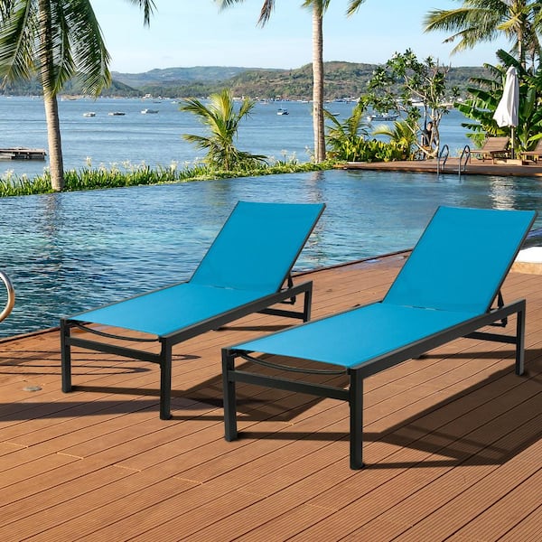 KOZYARD Modern Full Flat Aluminum Patio Reclining Adjustable Chaise Lounge with Blue Sunbathing Textilence, 2-Pack