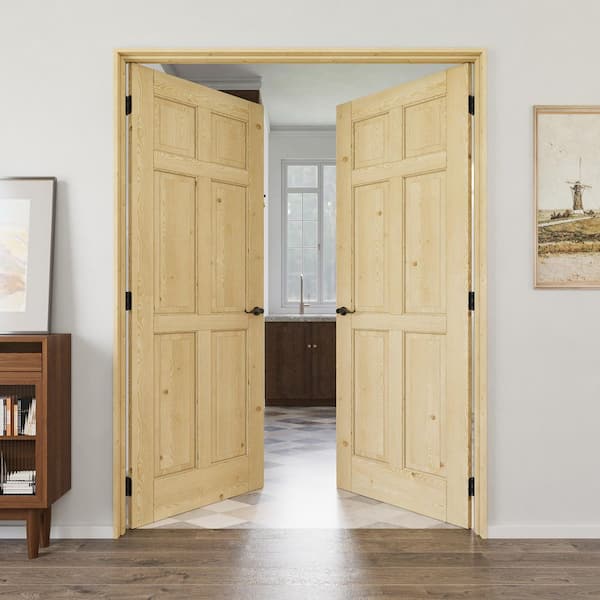 64 in. x 80 in. 6-Panel Universal Solid Core Unfinished Pine Wood Double Prehung Interior Door with Quick Assemble Jamb