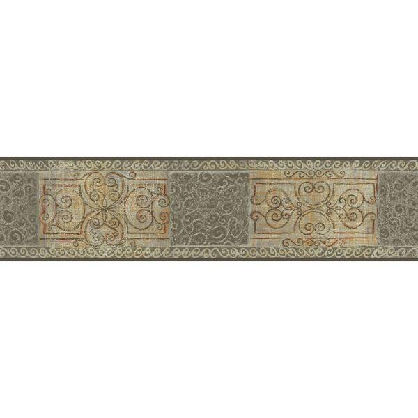 The Wallpaper Company 5.13 in. x 15 ft. Grey and Beige Scroll Tile Border