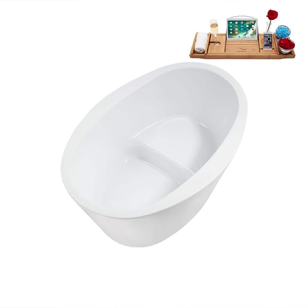Glossy White Acrylic Freestanding Soaking Bathtub with Brushed Gold Drain