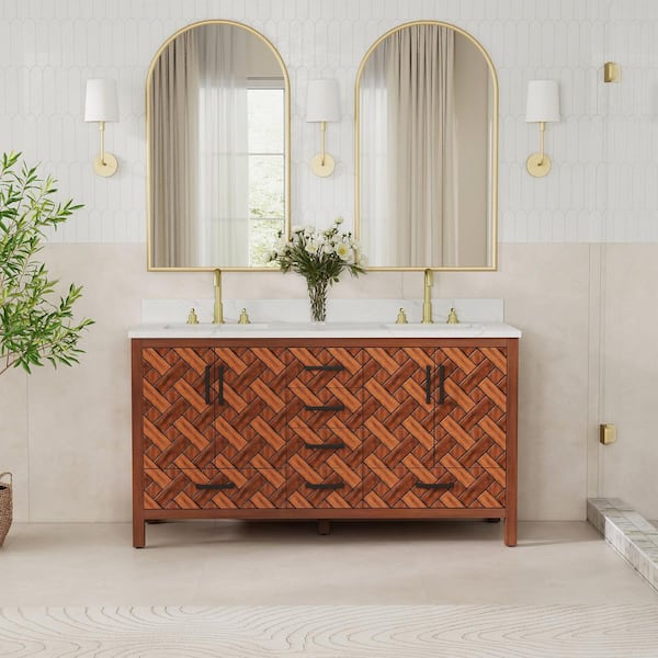 60 in. W x 22 in. D x 34 in. H Freestanding Caramel Woven Brown Bath Vanity with White Engineered Stone Top, Eco Wood