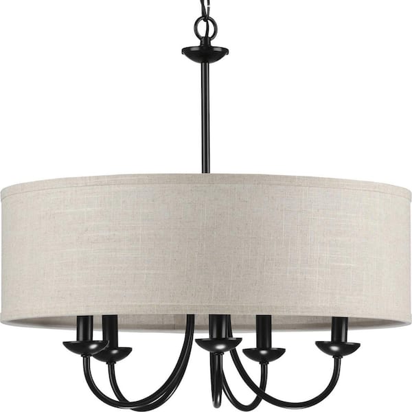 Drum Shade Collection Farmhouse 21-5/8 in. 5-Light Matte Black with Harvest Linen Shade Chandelier Light