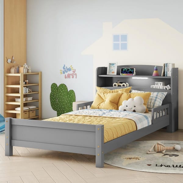 Gray Wood Frame Twin Platform Bed with Bookcase Headboard, LED Motion Sensor Light and Guardrails