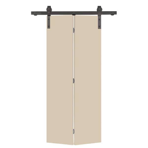 CALHOME 30 in. x 80 in. Beige Smooth Flush Hardboard Hollow Core Composite Bi-Fold Barn Door with Sliding Hardware Kit
