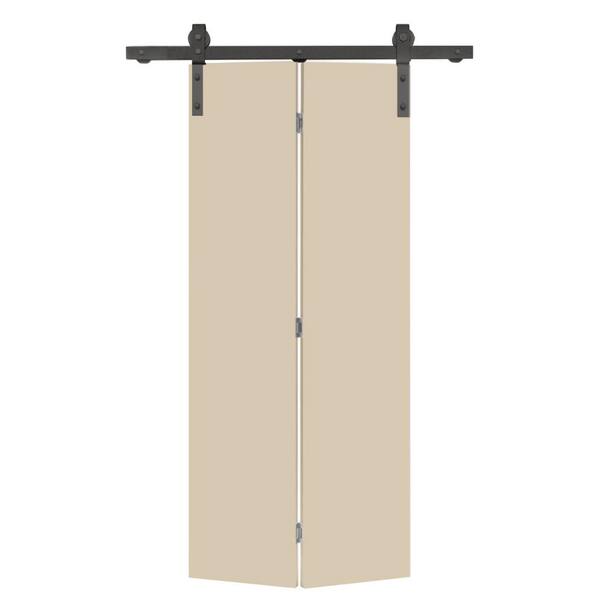 CALHOME 36 in. x 80 in. Beige Smooth Flush Hardboard Hollow Core Composite Bi-Fold Barn Door with Sliding Hardware Kit