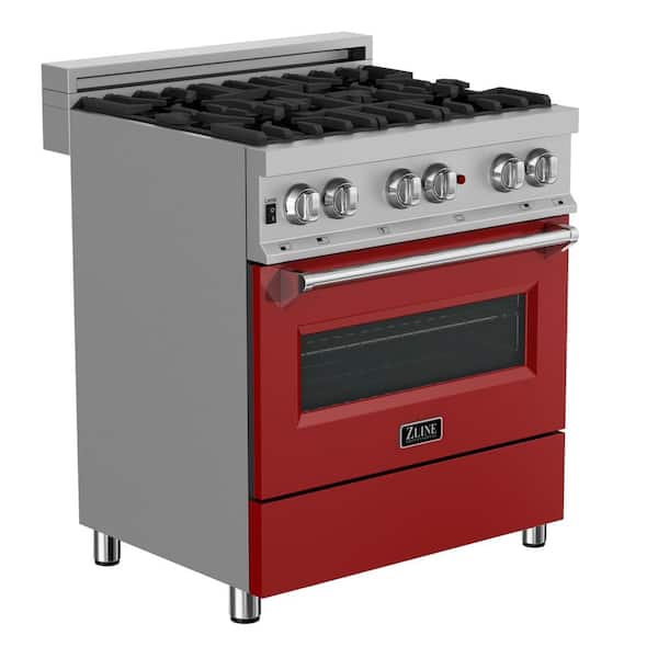 30 in. Legacy Dual Fuel Range with 4 Burners and Electric Convection Oven in Satin Stainless Steel and Red Matte Door