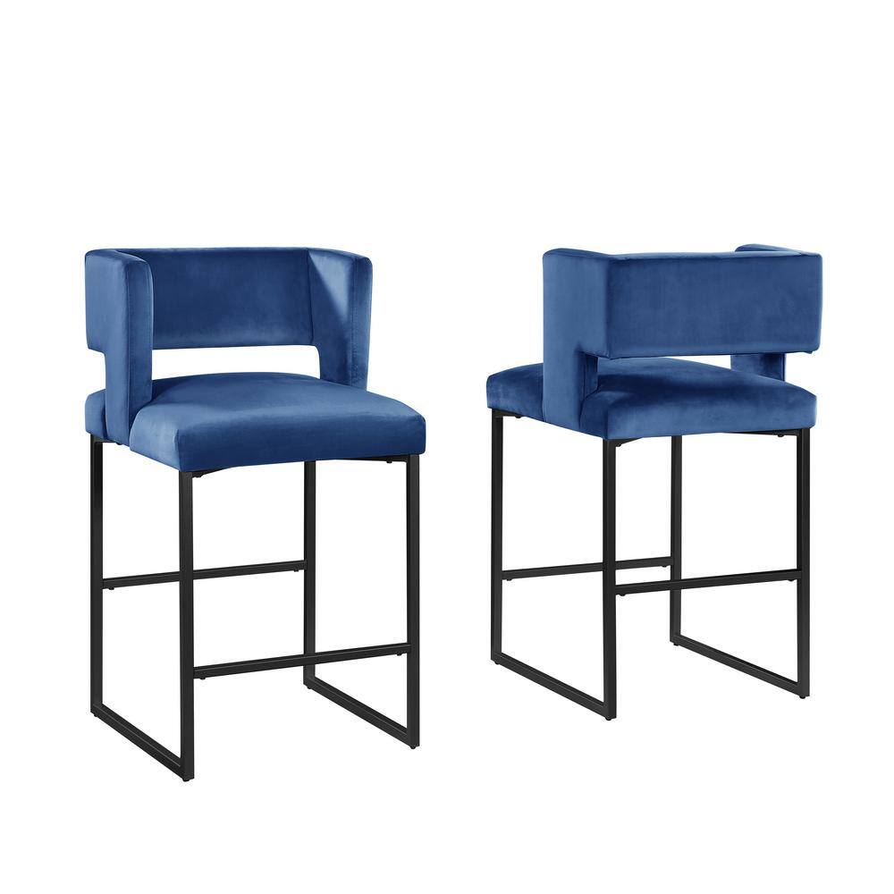 Modern Luxe Matte Black Metal Frame Blue Velvet Bar Stools (Set of 2)