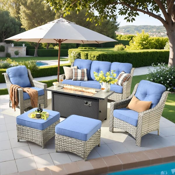 Caodoc Cavara Gray 5-Piece Wicker Outdoor Patio Conversation Set with Diamond Blue Cushions, Fire Pit Table&Ottoman for Garden