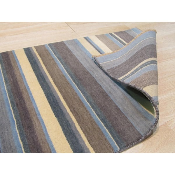 2 ft. x 10 ft. Blue/Brown Striped Handmade Wool Area Rug