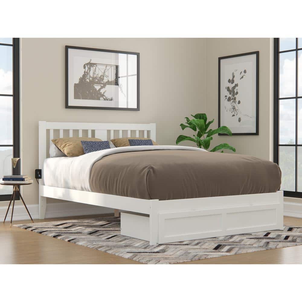 White Queen Wood Platform Bed with Storage Drawer and USB Charger